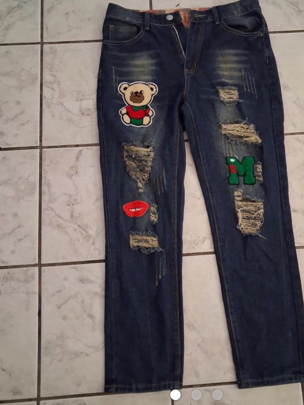 Cute Dark Blue Distressed Women's Jeans with Fun Patches